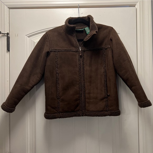 LL Bean Girls Full Zip Faux Shearling Suede Winter Jacket Size M(10-12) Brown - Picture 1 of 8